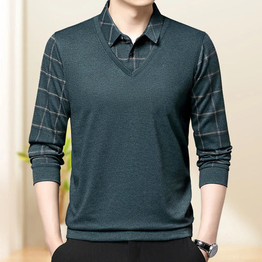 Men's Two Piece Lapel Long Sleeve Sweater Shirt